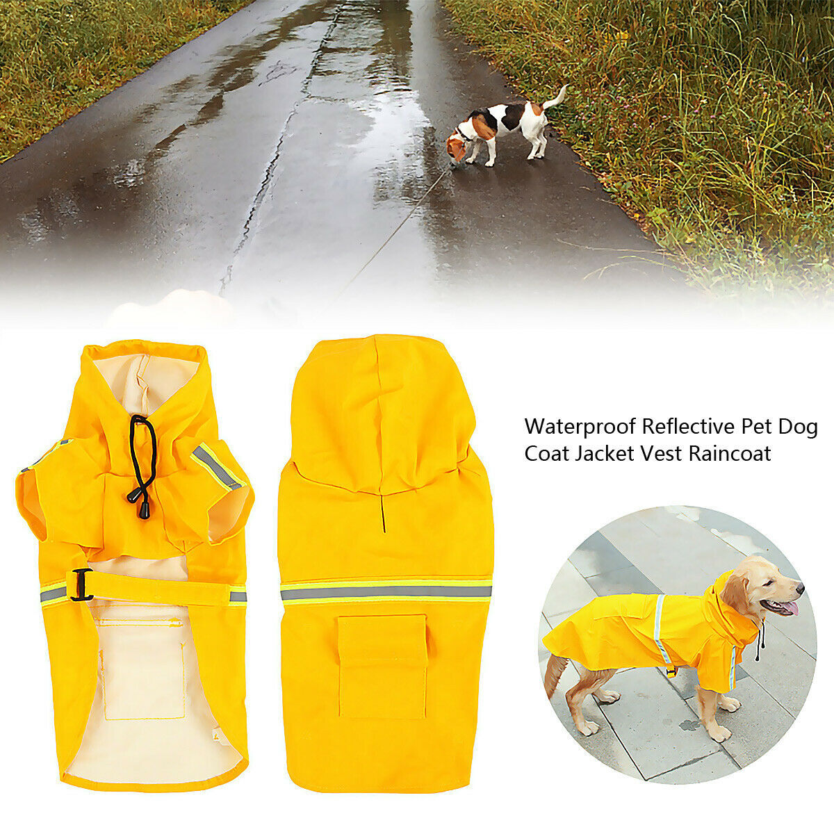 Capa de chuva para cachorro, capa de chuva impermeável para cachorro com faixa refletiva de segurança, poncho com capuz e coleira para cachorros