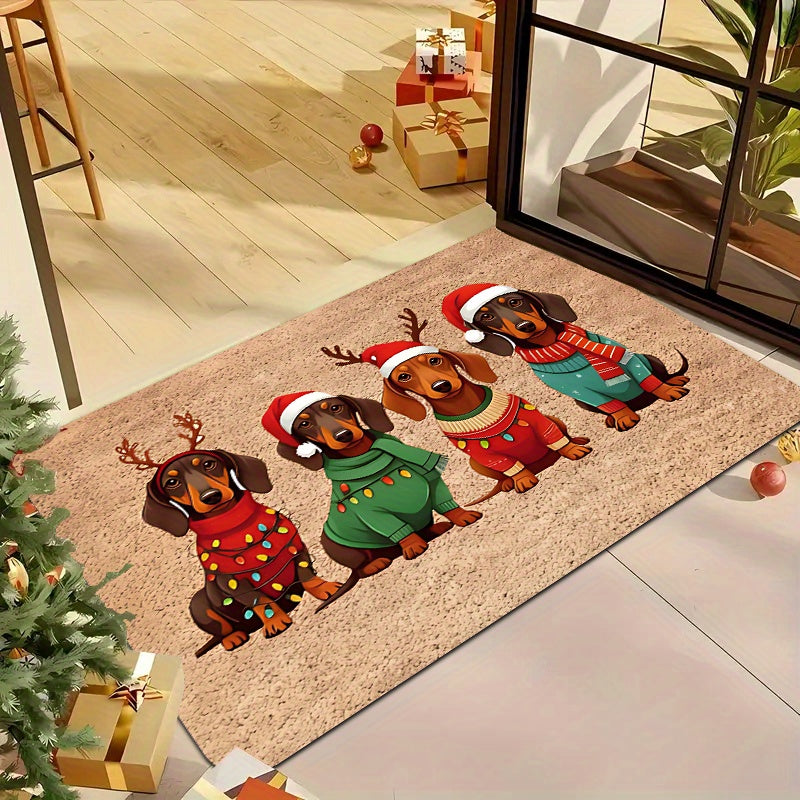 Tapete de Natal para Porta com Design de Dachshund, Chapéu e Suéter