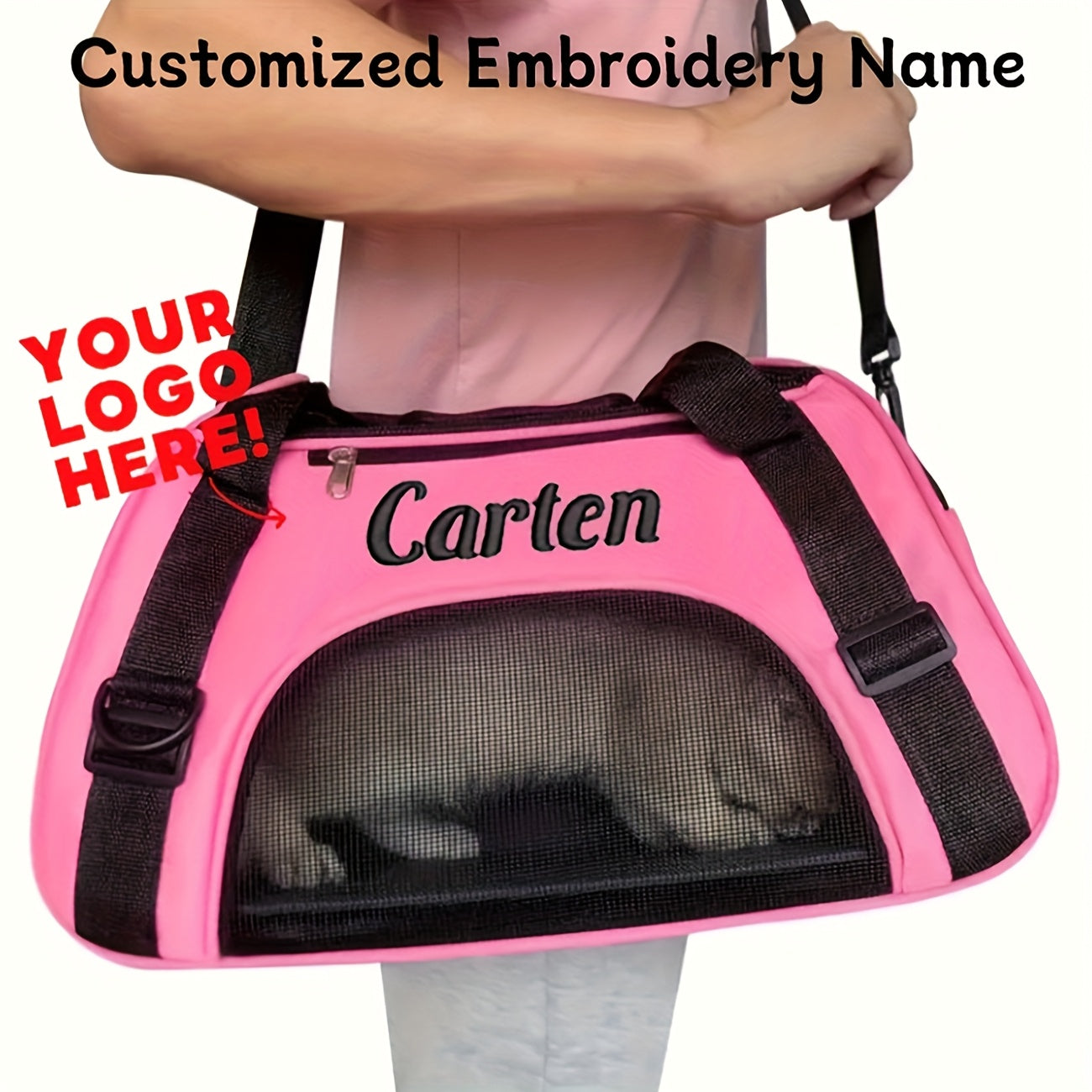 Mochila para transporte de cães e gatos bordada personalizada - Bolsa de viagem  com malha de ventilação, design dobrável e transversal e poliéster durável.