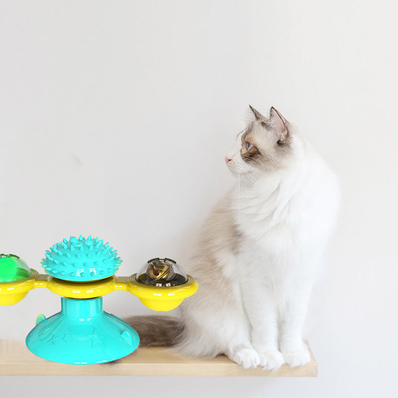 Moinho de vento giratório para gatos, brinquedo multifuncional para arranhar e coçar os dentes