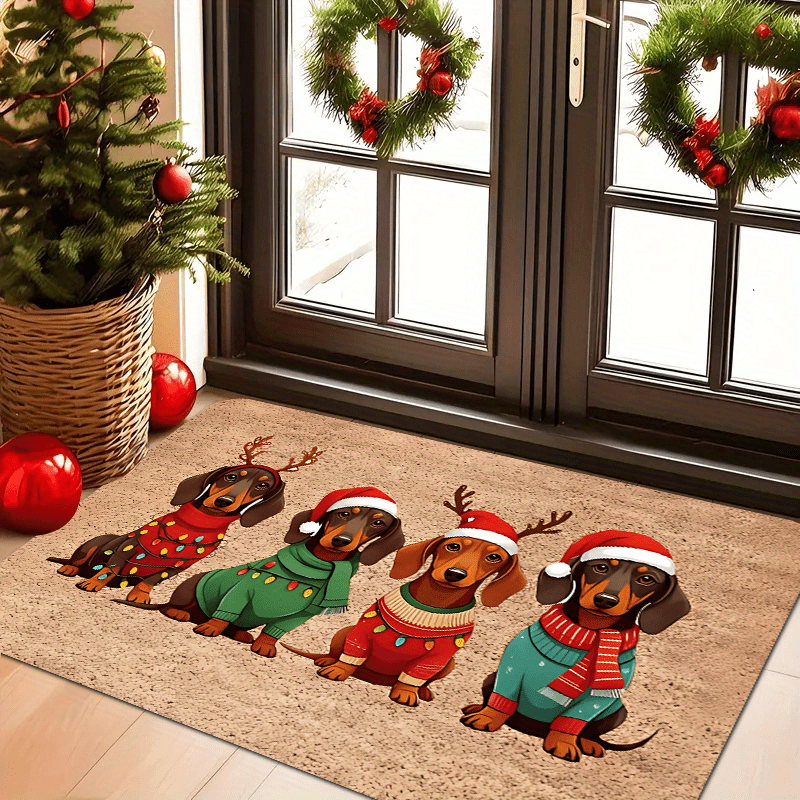 Tapete de Natal para Porta com Design de Dachshund, Chapéu e Suéter