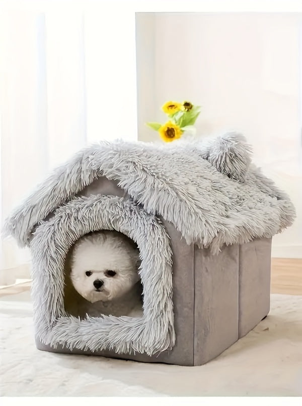 Cama de pelúcia confortável para cães e gatos, casinha para gatos com fundo antiderrapante removível