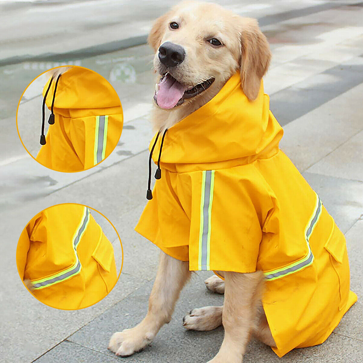 Capa de chuva para cachorro, capa de chuva impermeável para cachorro com faixa refletiva de segurança, poncho com capuz e coleira para cachorros
