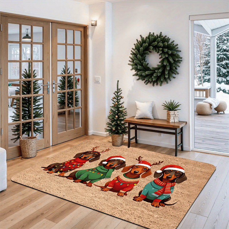 Tapete de Natal para Porta com Design de Dachshund, Chapéu e Suéter