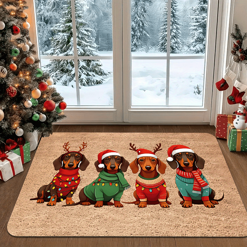 Tapete de Natal para Porta com Design de Dachshund, Chapéu e Suéter