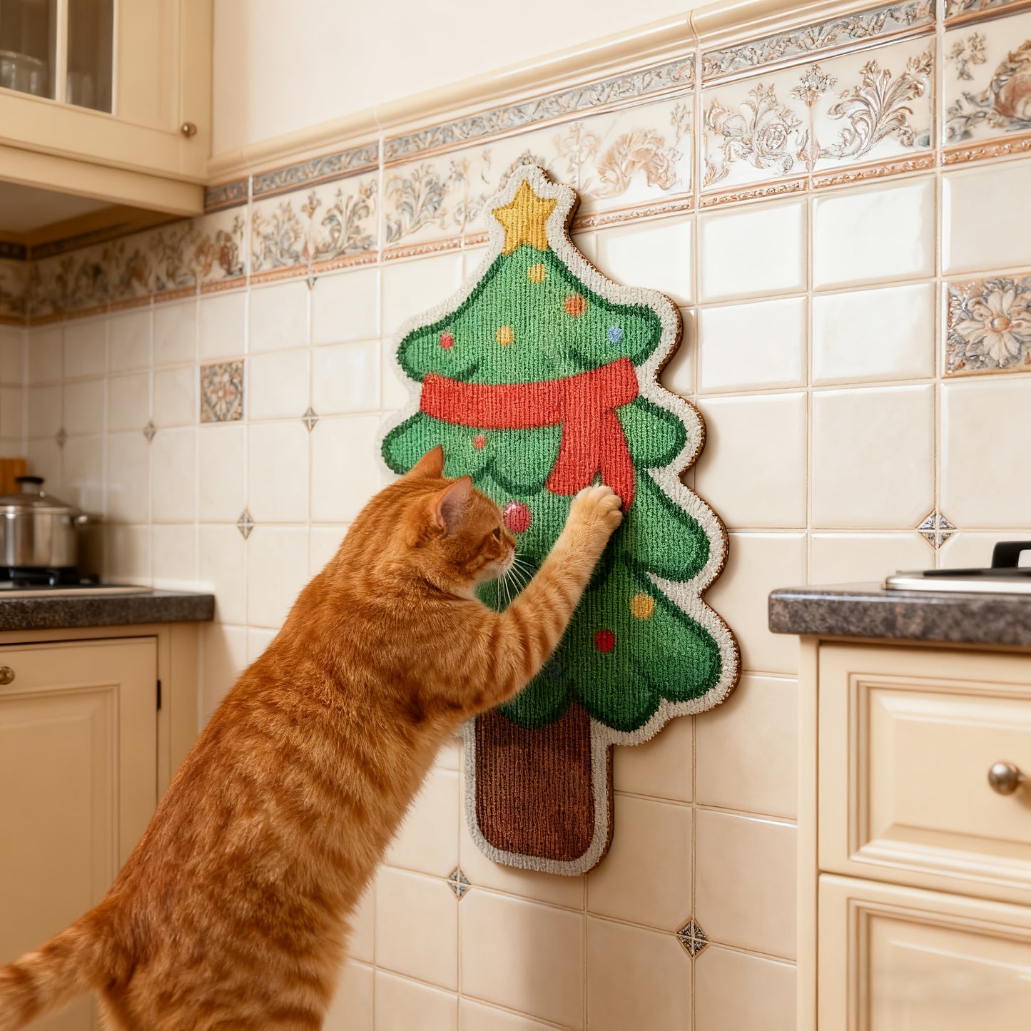 Arranhador para gatos em formato de árvore de Natal, feito com material espesso, durável e que não solta pelos.