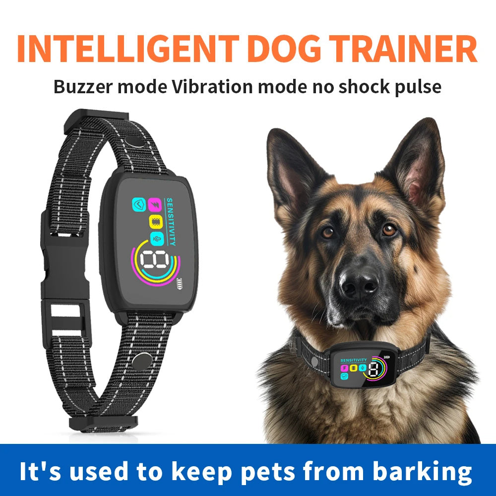 Coleira inteligente automática anti-latidos para cães.