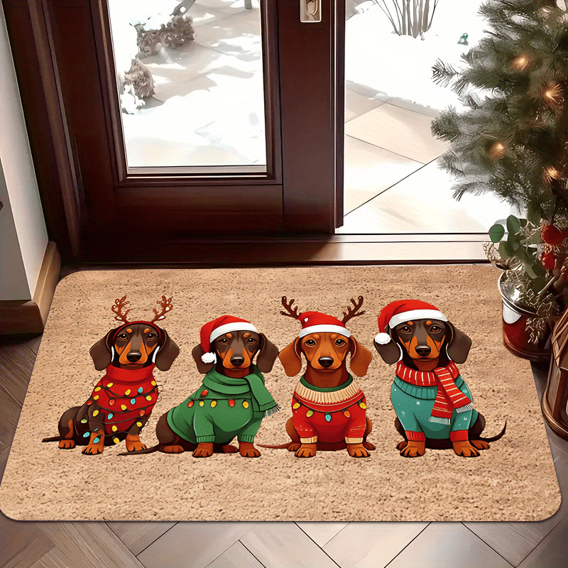 Tapete de Natal para Porta com Design de Dachshund, Chapéu e Suéter