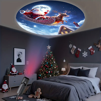 Projetor de luz USB com elementos natalícios, estampa de boneco de neve, trenó do Papai Noel e renas, luz projetora direcional giratória 360°