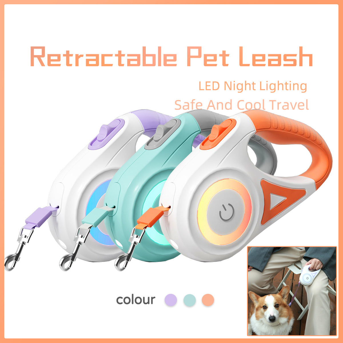 Coleira retrátil para cães com holofote automático