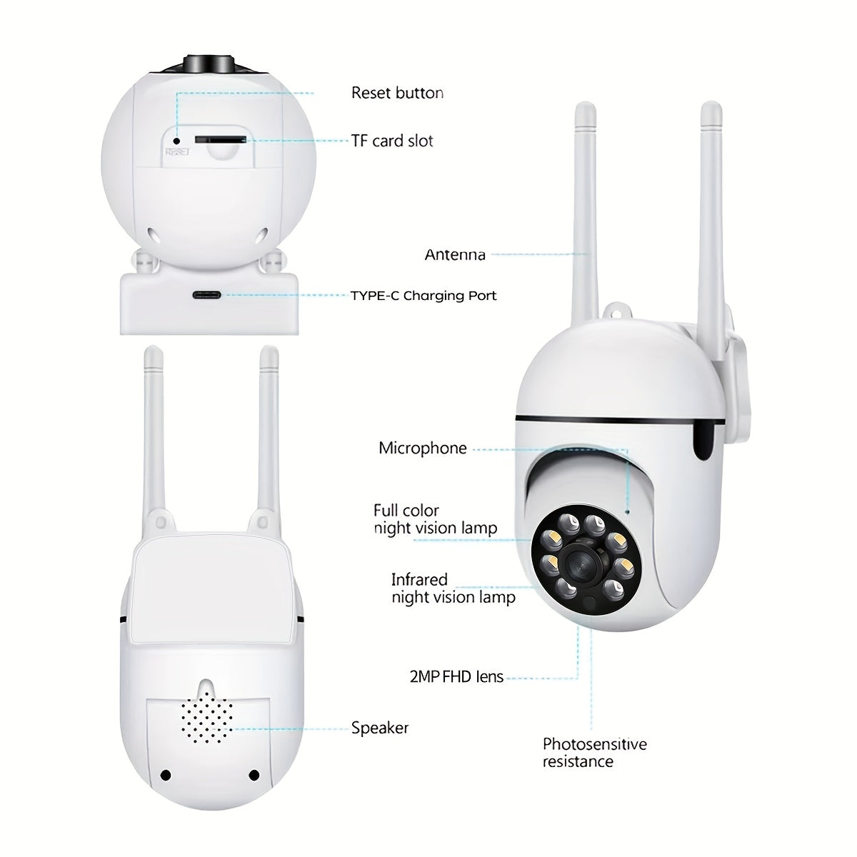 Câmera com visão noturna colorida sem fio WIFI 1080P Full HD Câmera interna/externa Áudio fio WIFI Pan/Tilt/Zoom 2.4G Wi-Fi Câmera de segurança residencial inteligente com rastreamento de movimento