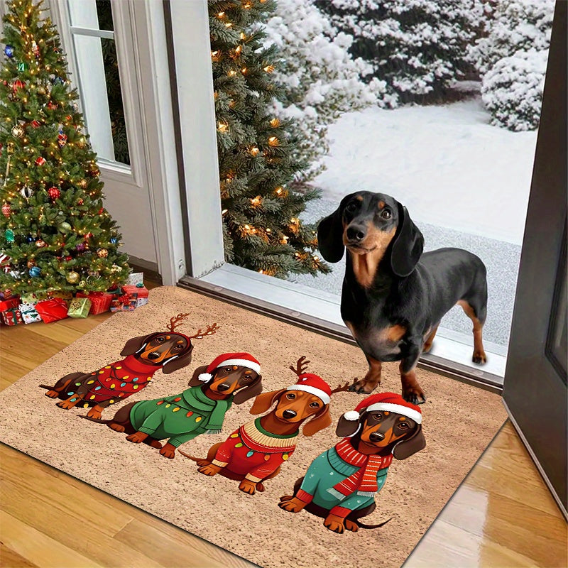 Tapete de Natal para Porta com Design de Dachshund, Chapéu e Suéter