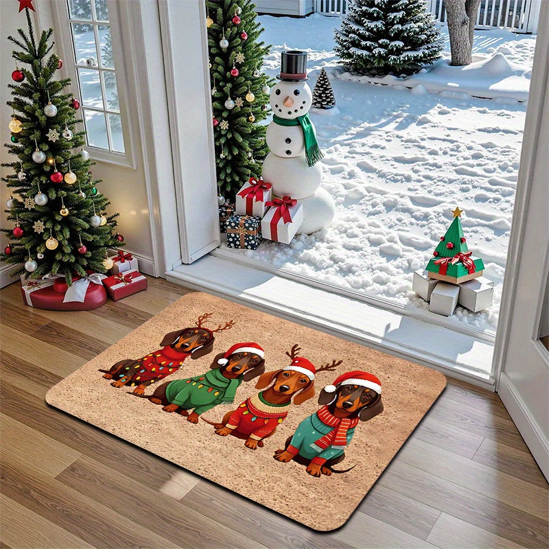 Tapete de Natal para Porta com Design de Dachshund, Chapéu e Suéter