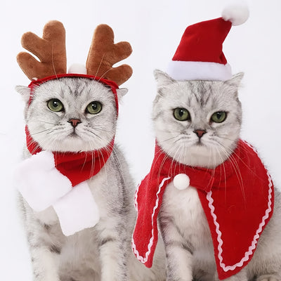 1/2pcs Conjunto de Decoração Natalina para Gatos, Chapéu Vermelho do Papai Noelo e Capa Aquecedor com Acessórios Tiara.