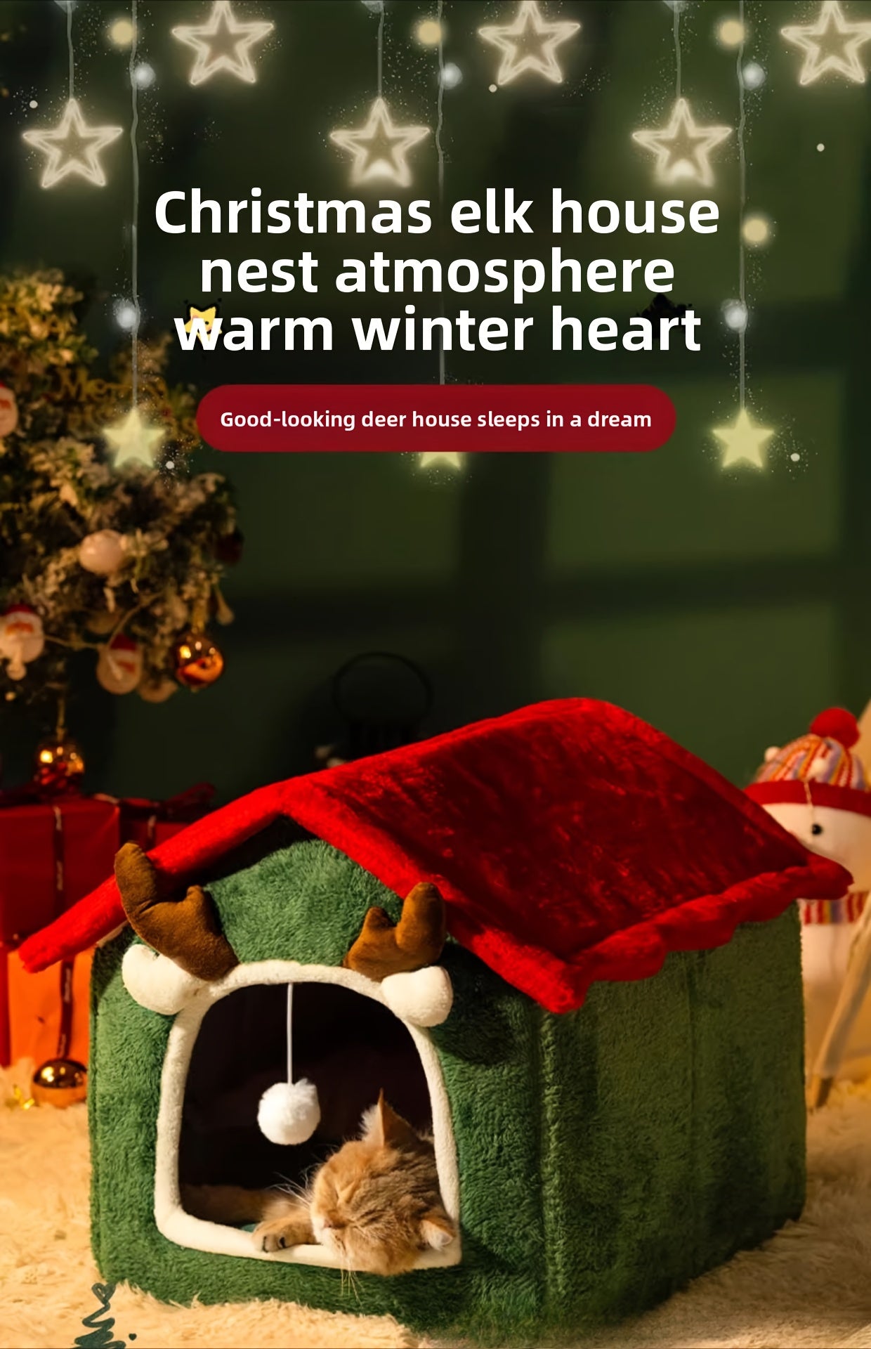 Casa de Gato Natal .  Aconchegante e Quente para Todas as Estações com Forro Felpudo & Cerca Reforçada
