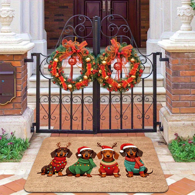 Tapete de Natal para Porta com Design de Dachshund, Chapéu e Suéter