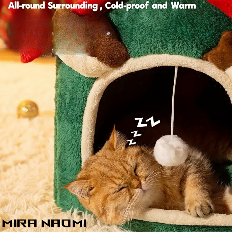 Casa de Gato Natal .  Aconchegante e Quente para Todas as Estações com Forro Felpudo & Cerca Reforçada