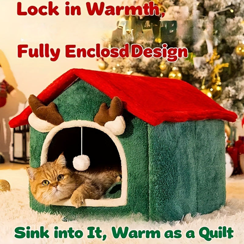 Casa de Gato Natal .  Aconchegante e Quente para Todas as Estações com Forro Felpudo & Cerca Reforçada