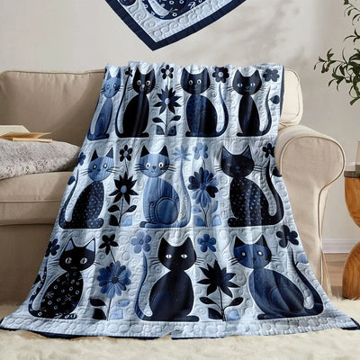 Manta acolchoada fofa com estampa floral de gato azul, ideal para camping, viagens, sofá e cama. Manta aconchegante e quentinha para amantes de gatos,.