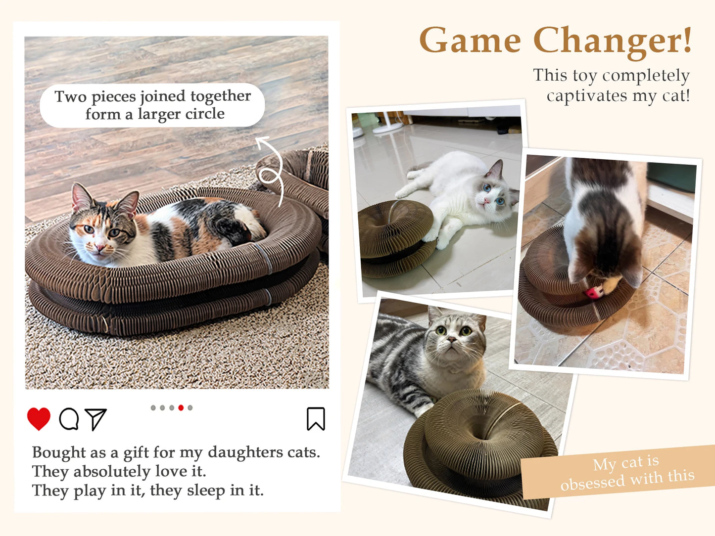 Arranhador de papelão dobrável interativo com sino e bola, ideal para gatos de interior.