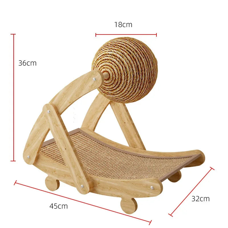 Arranhador multifuncional para gatos com estrutura de madeira estável, ideal para afiar as garras, dormir e brincar.