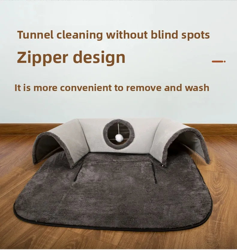 Nova cama em formato de túnel em U para gatos, com tapete removível e lavável para brincadeiras de esconde-esconde.