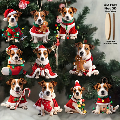 Conjunto de 10 enfeites de Natal em formato de cachorrinho, 2D, em madeira, para decoração de árvore de Natal