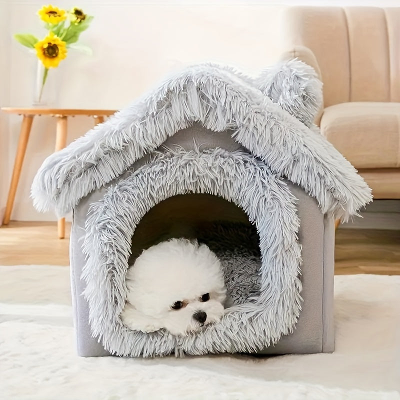 Cama de pelúcia confortável para cães e gatos, casinha para gatos com fundo antiderrapante removível