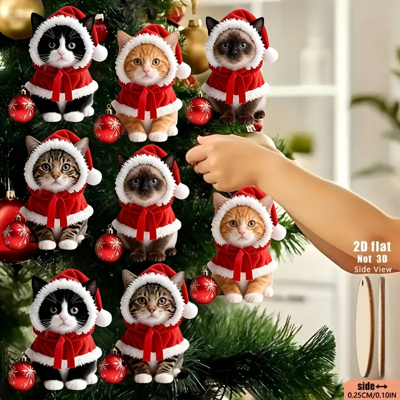 Enfeites de Natal 2D planos, com 8 gatinhos fofos com gorros e laços de Papai Noel, pingentes de madeira para pendurar na árvore