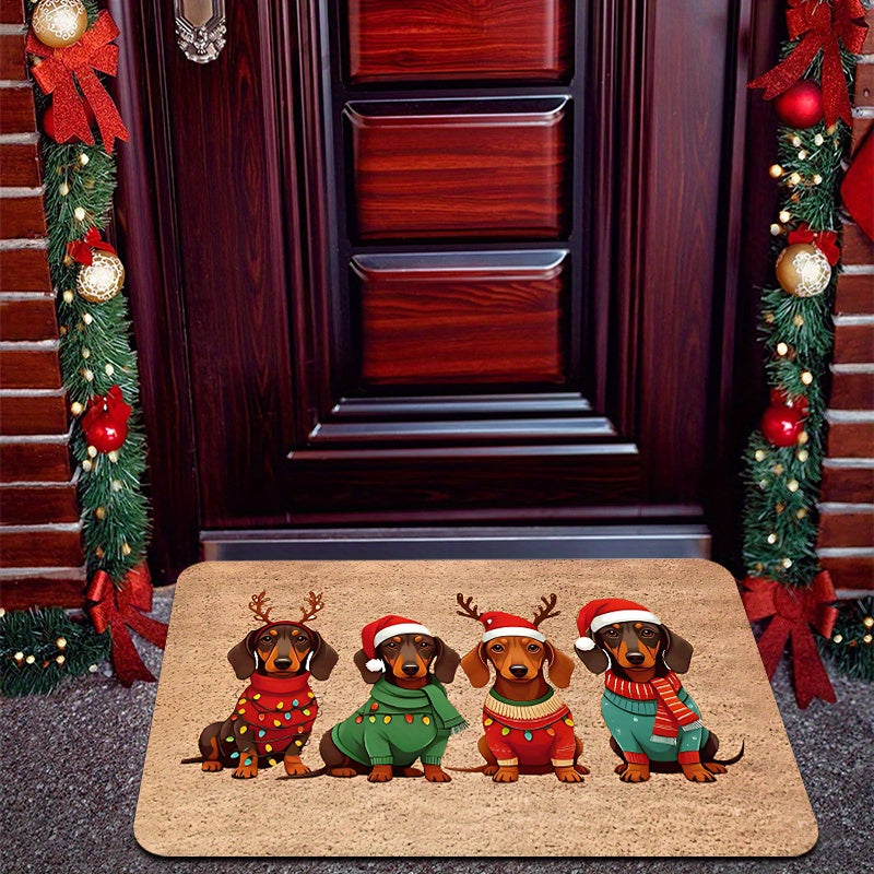 Tapete de Natal para Porta com Design de Dachshund, Chapéu e Suéter