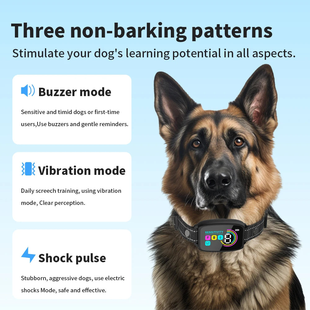 Coleira inteligente automática anti-latidos para cães.