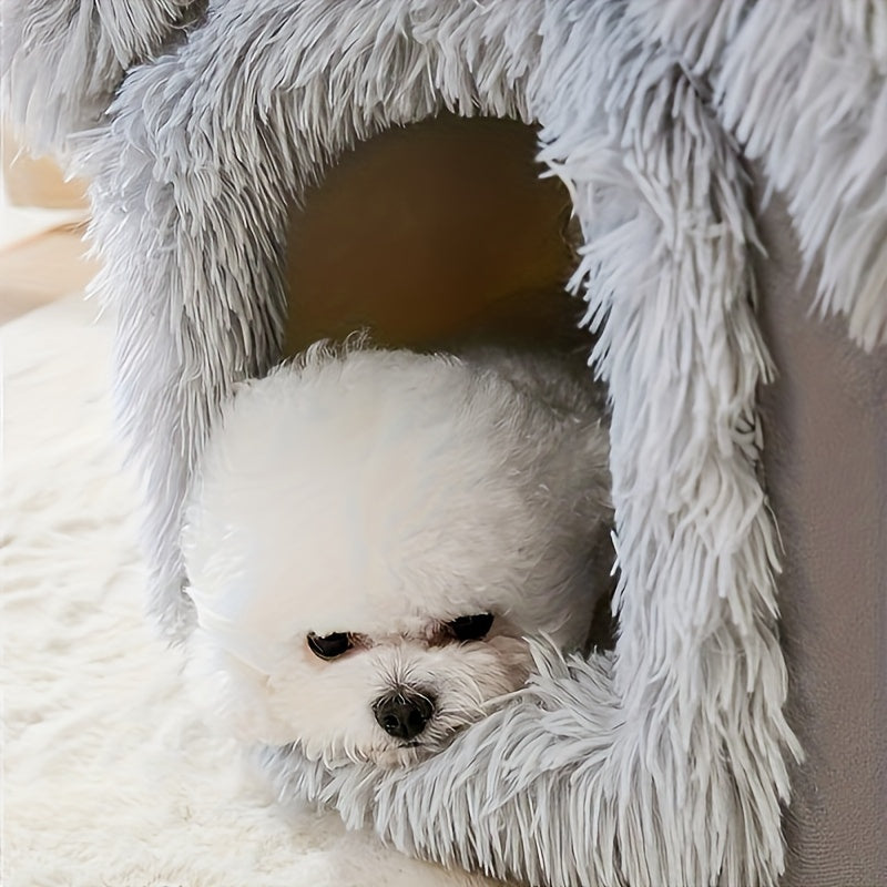 Cama de pelúcia confortável para cães e gatos, casinha para gatos com fundo antiderrapante removível