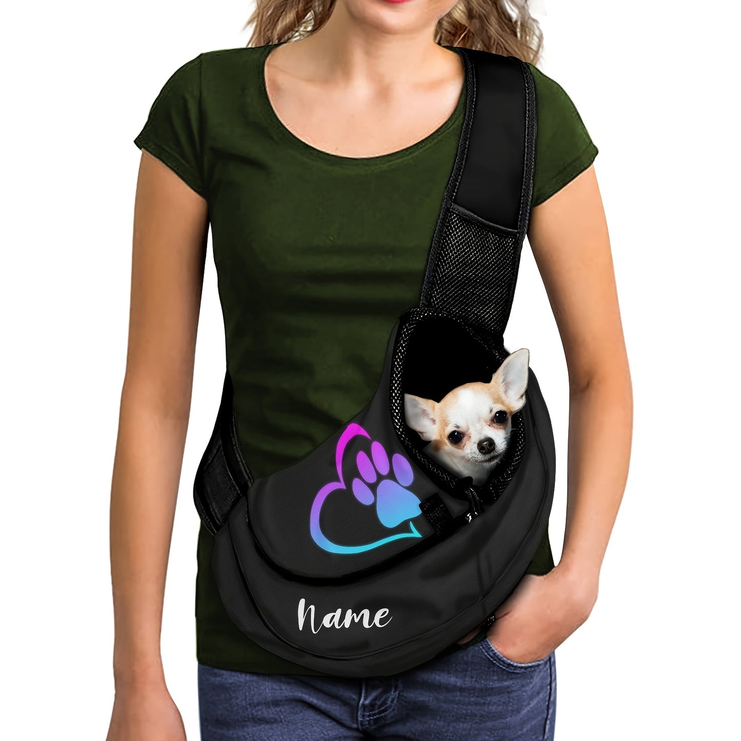 Bolsa Portátil para Pets com Nome/Texto Personalizado - Transportadora de Cães e Gatos Hands-Free com Costas em Malha Respirável, Alça Ajustável