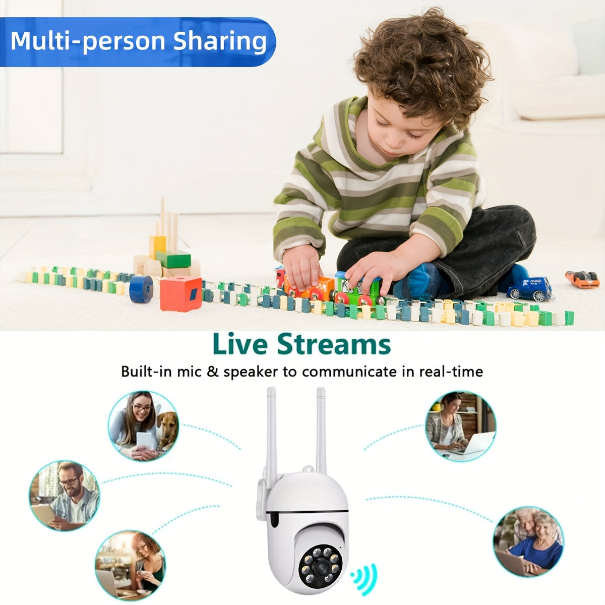 Câmera com visão noturna colorida sem fio WIFI 1080P Full HD Câmera interna/externa Áudio fio WIFI Pan/Tilt/Zoom 2.4G Wi-Fi Câmera de segurança residencial inteligente com rastreamento de movimento