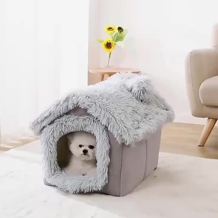 Cama de pelúcia confortável para cães e gatos, casinha para gatos com fundo antiderrapante removível