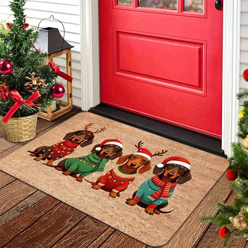 Tapete de Natal para Porta com Design de Dachshund, Chapéu e Suéter