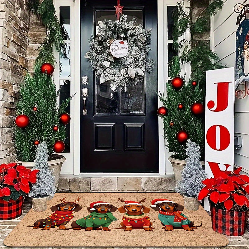 Tapete de Natal para Porta com Design de Dachshund, Chapéu e Suéter