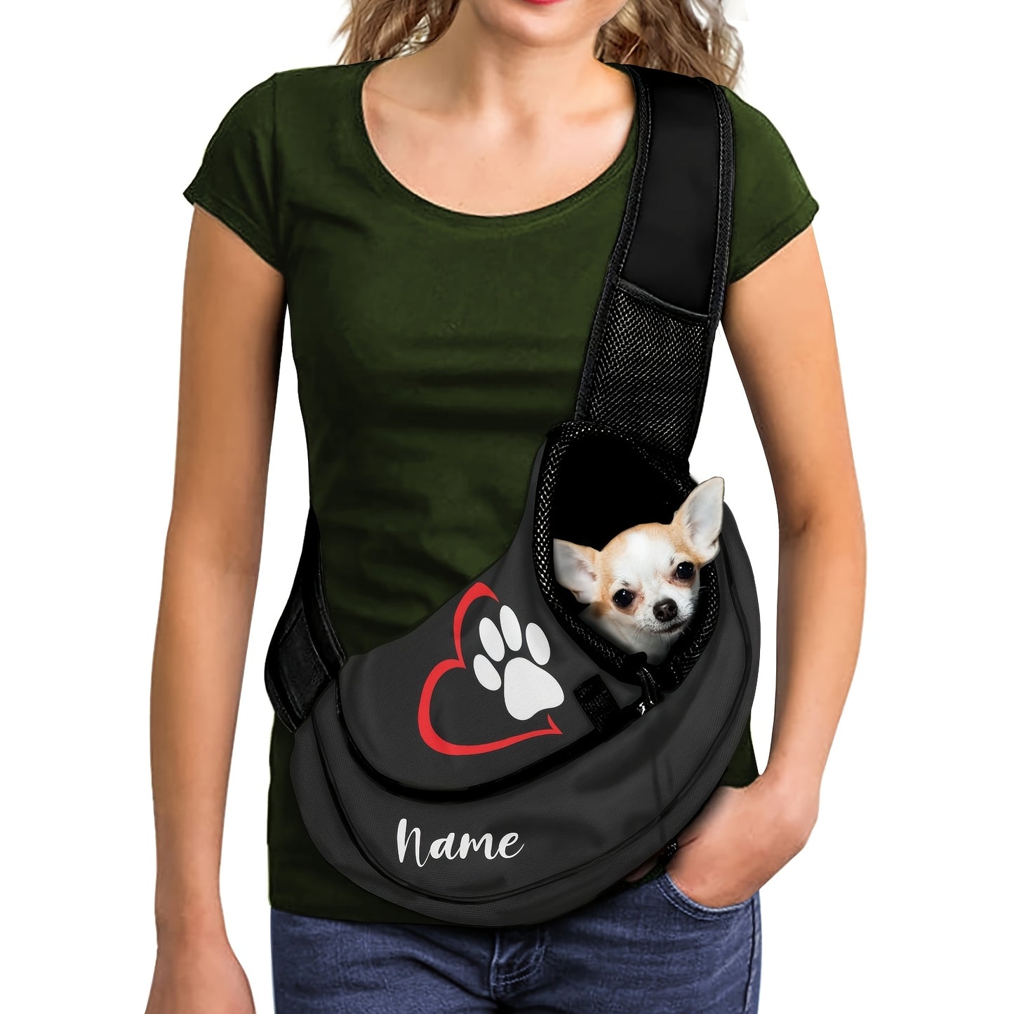 Bolsa Portátil para Pets com Nome/Texto Personalizado - Transportadora de Cães e Gatos Hands-Free com Costas em Malha Respirável, Alça Ajustável