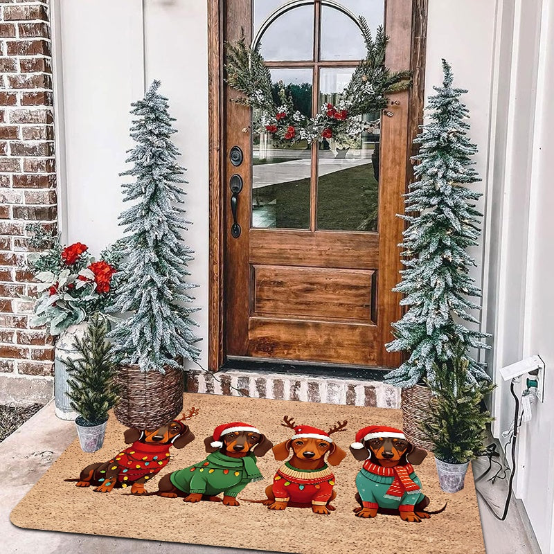 Tapete de Natal para Porta com Design de Dachshund, Chapéu e Suéter