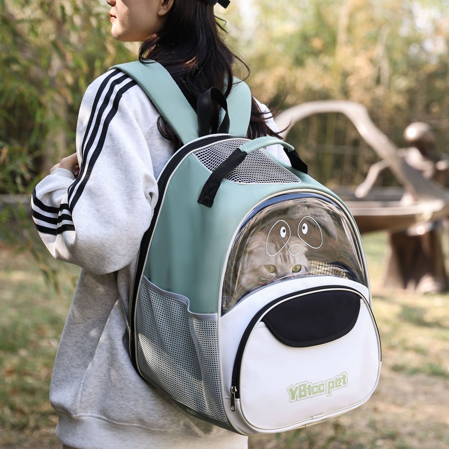 Mochila portátil em tecido Oxford para gatos, respirável e com grande capacidade.