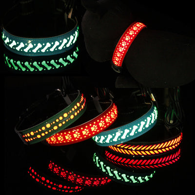 Coleira de couro gravada com LED luminoso para cães de estimação