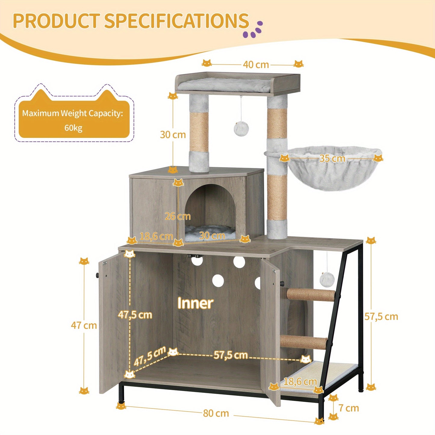 Árvore para Gatos 4 em 1 com Armário para Caixa de Areia, Tapete de Sisal para Arranhar, Postes, Escadas e Pompons - Almofadas Laváveis, Cinza-Bege