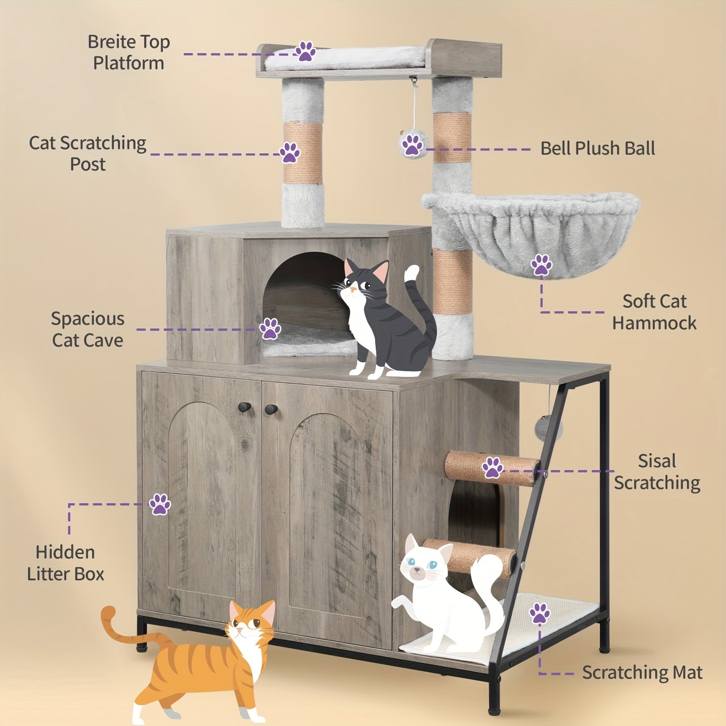 Árvore para Gatos 4 em 1 com Armário para Caixa de Areia, Tapete de Sisal para Arranhar, Postes, Escadas e Pompons - Almofadas Laváveis, Cinza-Bege