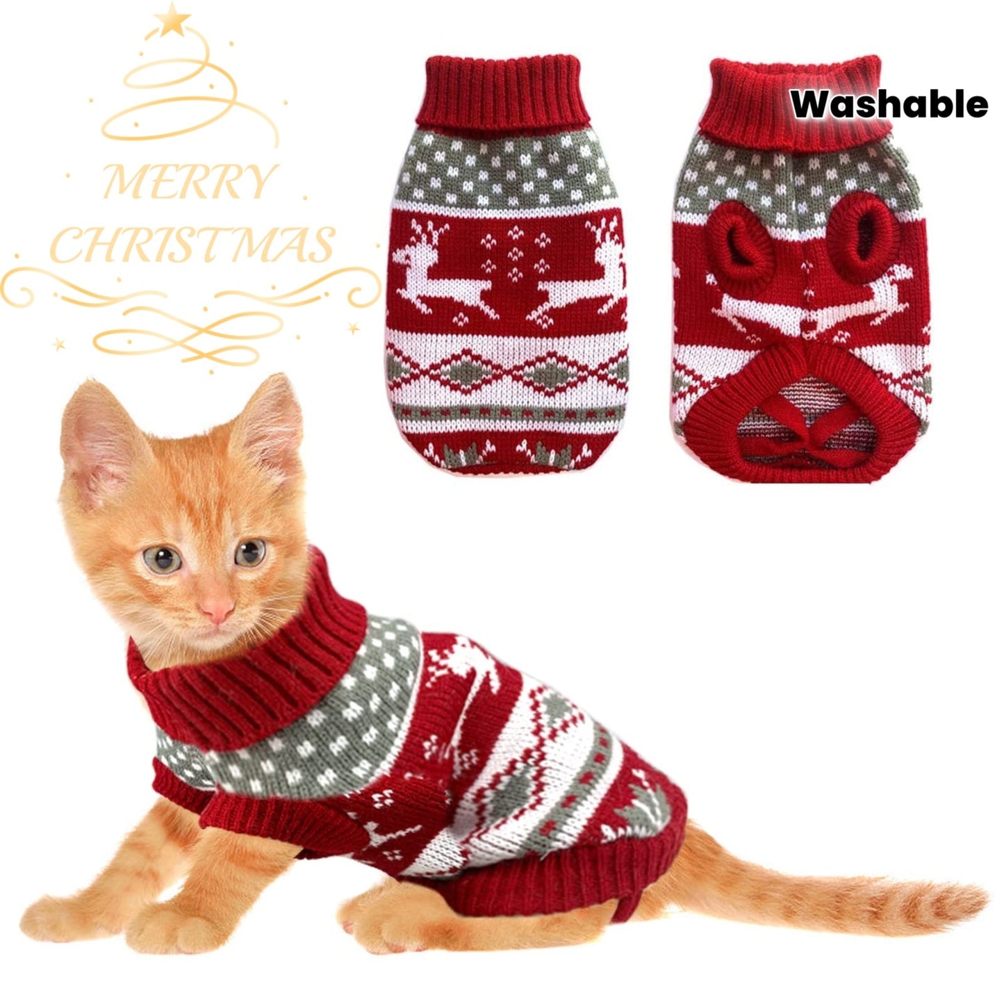 Suéter natalino de tricô quentinho e aconchegante para cães e gatos de pequeno e médio porte com renas e flocos de neve, lavável à mão,.