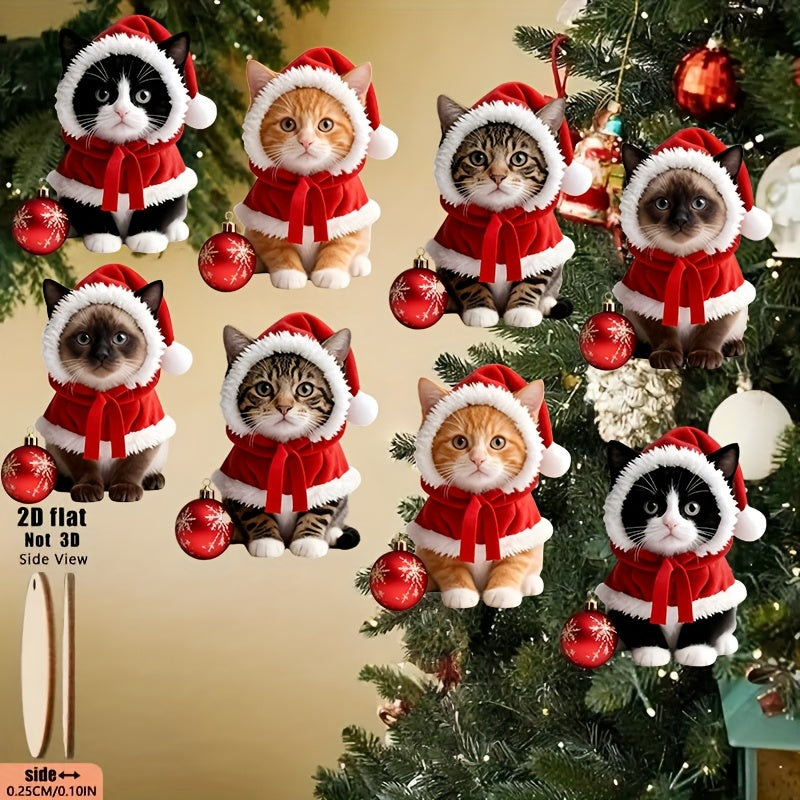 Enfeites de Natal 2D planos, com 8 gatinhos fofos  com gorros e laços de Papai Noel, pingentes de madeira para pendurar na árvore