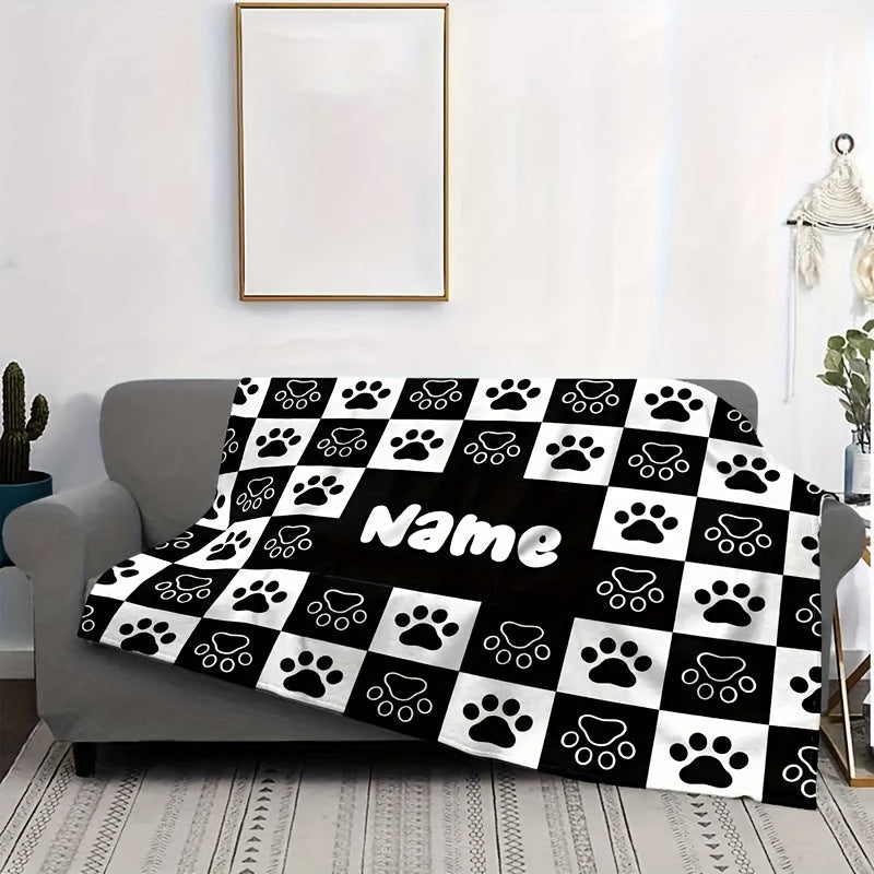 Manta personalizada com pegadas de cão e nome - Presente personalizável para amantes de cães - Adequada para praia, carro, sofá, escritório e uso animal - Lavável à máquina
