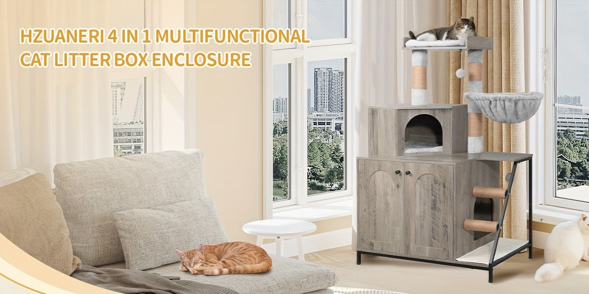 Árvore para Gatos 4 em 1 com Armário para Caixa de Areia, Tapete de Sisal para Arranhar, Postes, Escadas e Pompons - Almofadas Laváveis, Cinza-Bege