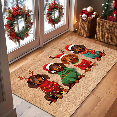 Tapete de Natal para Porta com Design de Dachshund, Chapéu e Suéter