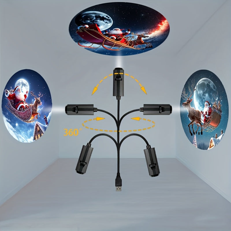 Projetor de luz USB com elementos natalícios, estampa de boneco de neve, trenó do Papai Noel e renas, luz projetora direcional giratória 360°
