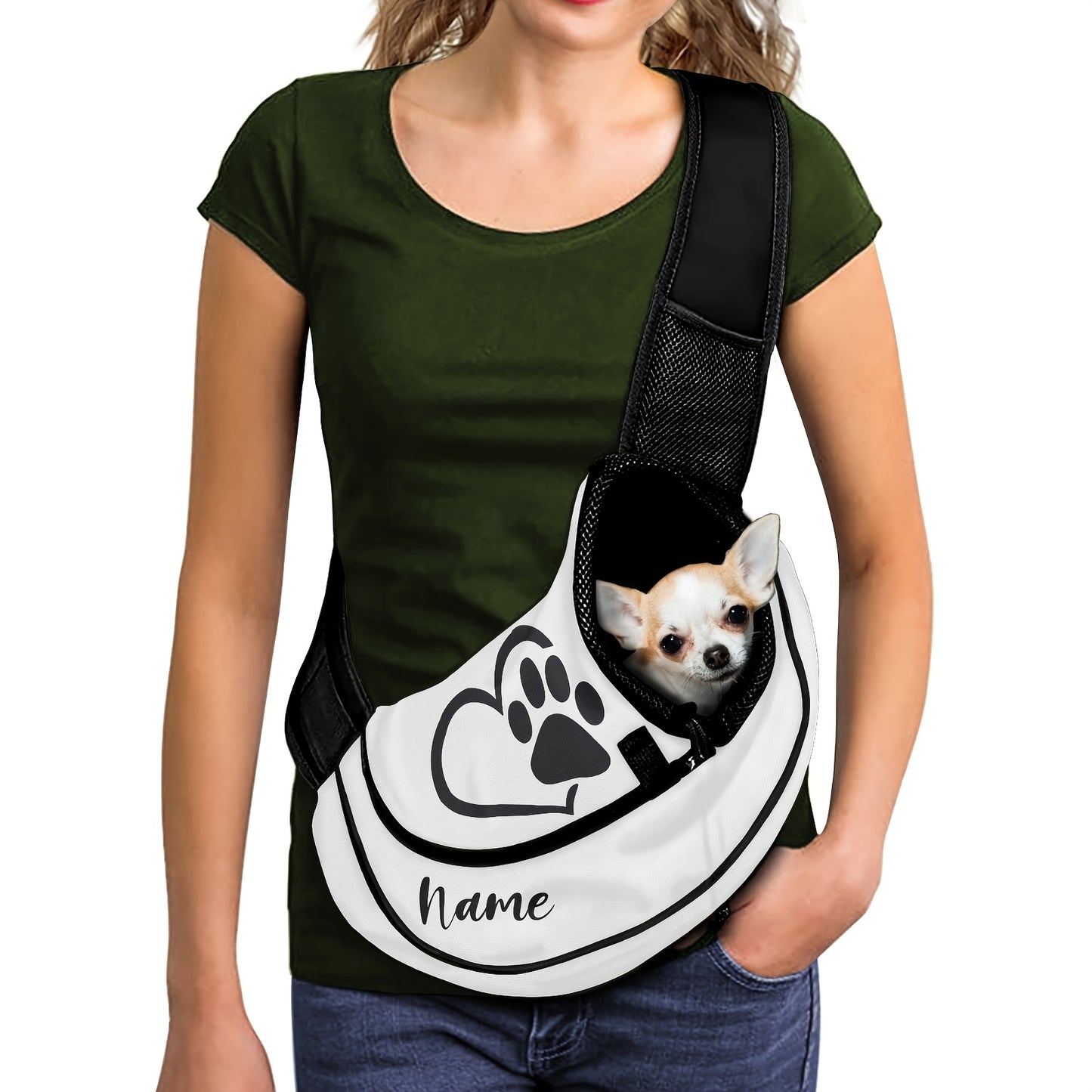 Bolsa Portátil para Pets com Nome/Texto Personalizado - Transportadora de Cães e Gatos Hands-Free com Costas em Malha Respirável, Alça Ajustável